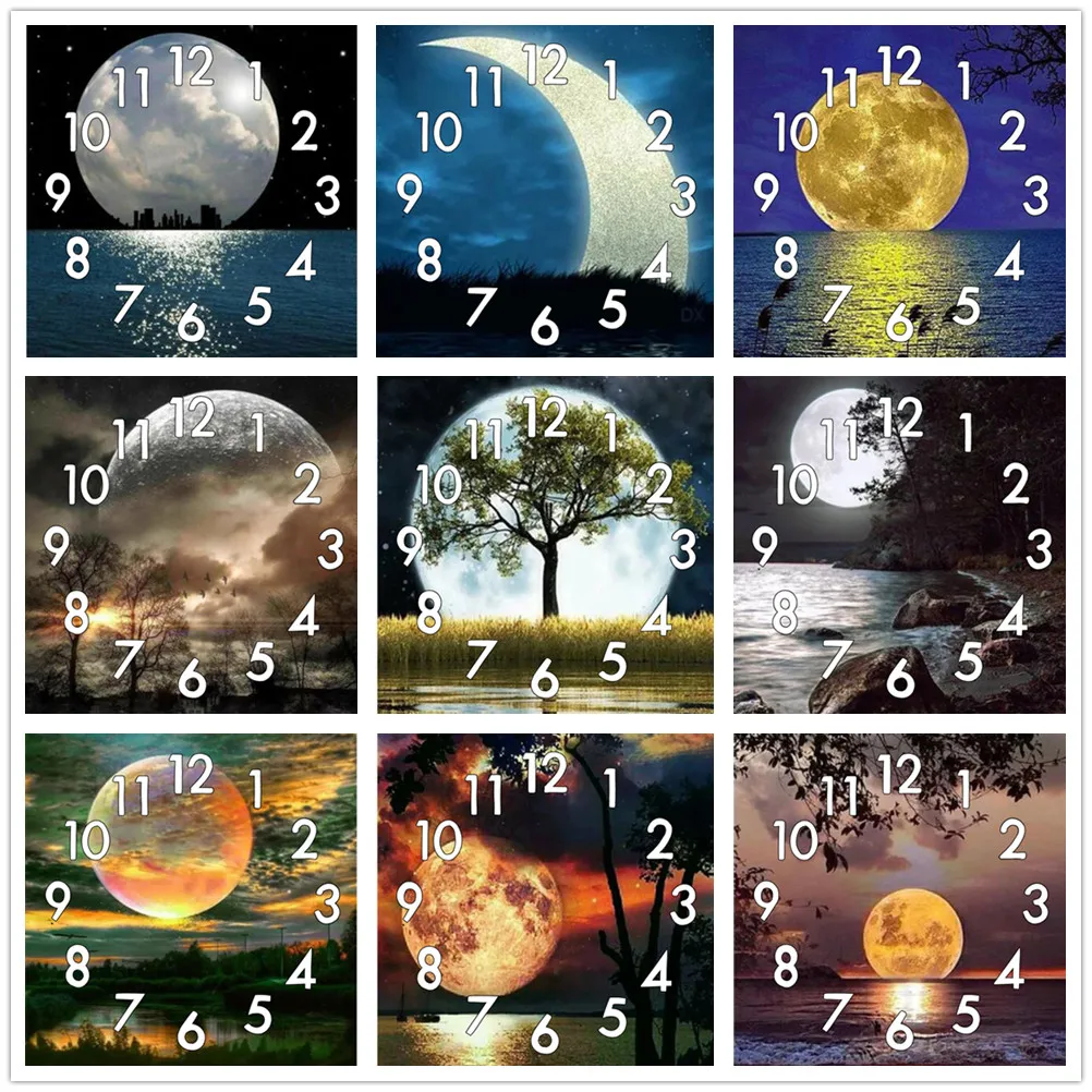 

Dpsprue Full Diamond Painting Cross Stitch Moon Night With Clock Mechanism Mosaic 5D Diy Square Round 3d Embroidery Gift