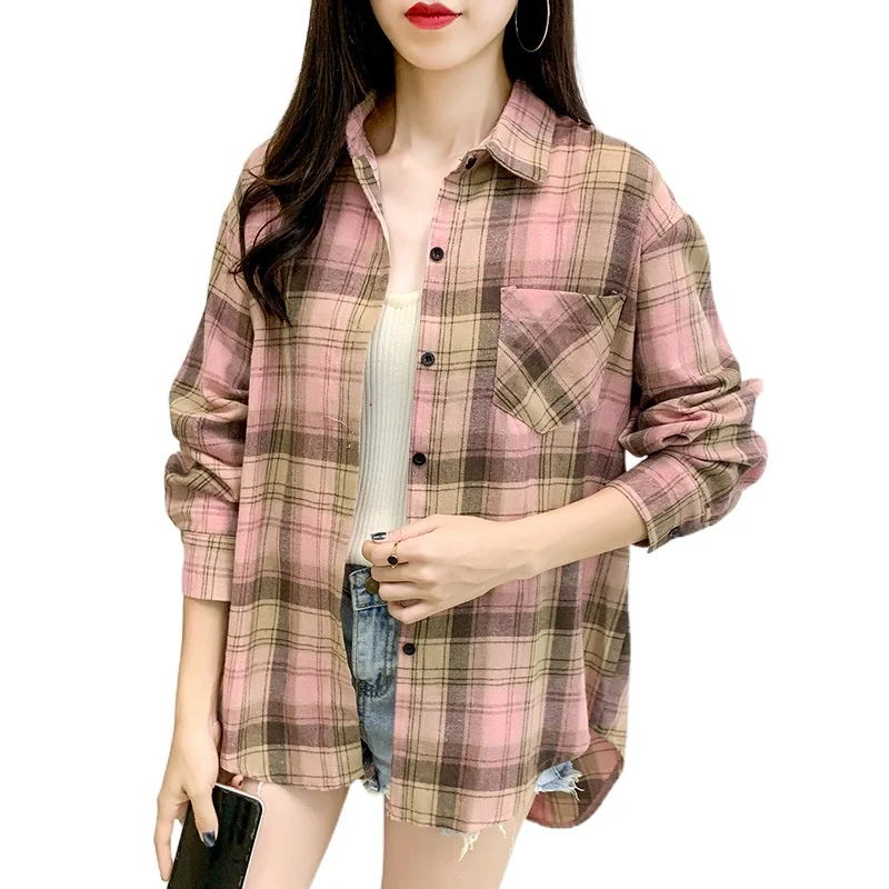 Блузка женская свободного кроя в клетку клетчатая хлопковая рубашка с длинным