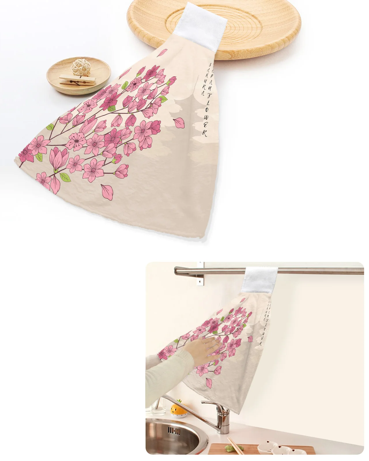 

Cherry Blossom Flower Tower Japanese Hand Towels Home Kitchen Bathroom Hanging Dishcloths Loops Soft Absorbent Custom Wipe Towel