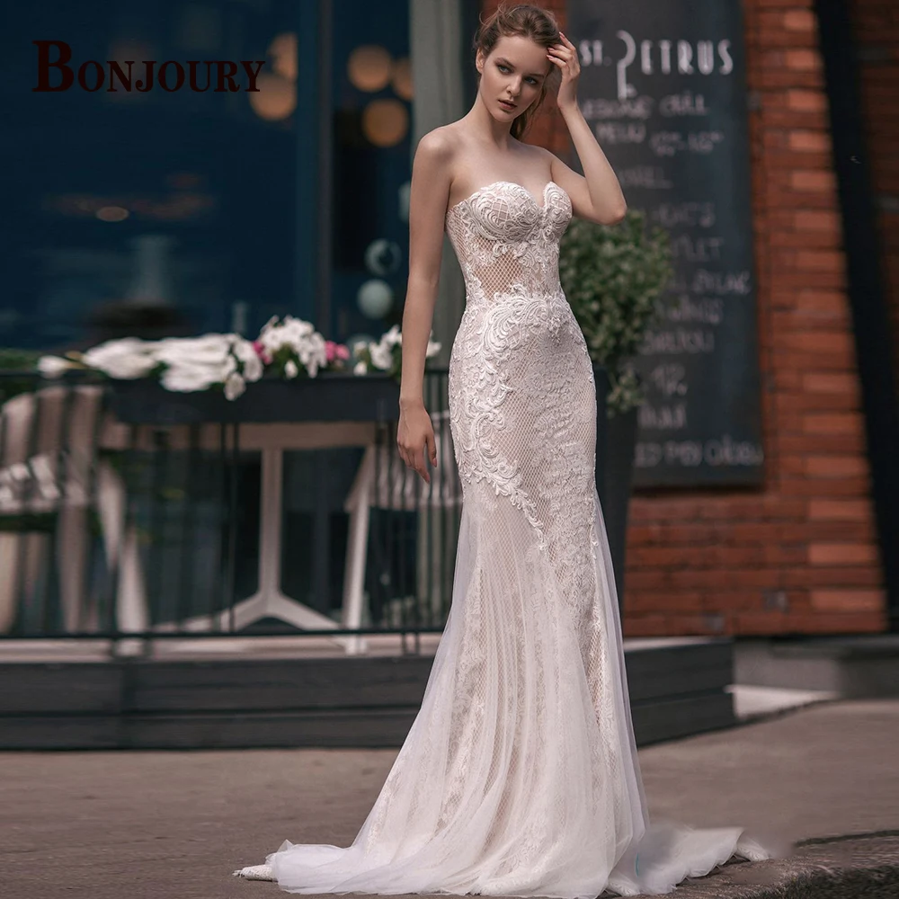 

BONJOURY Strapless Sweetheart Wedding Dresses For Women 2022 Bride Sexy Mermaid Lace Appliques Customised Robe De Mariée