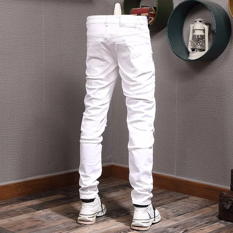 Street Fashion Men Jeans White Elastic Stretch Skinny Ripped Jeans Men Zipper Designer Black Patched Hip Hop Brand Pants Hombre