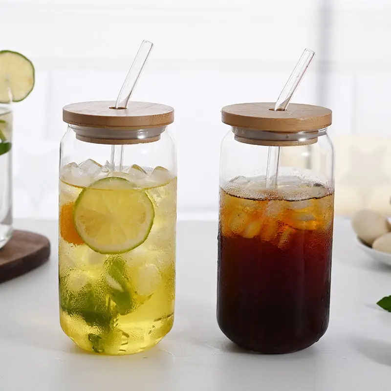 

550ml/400ml Glass Cup With Bamboo Lid and Straw Bubble Tea Cup Glasses Cups Transparent Beer Can Coffee Cup Cold Wine Cola
