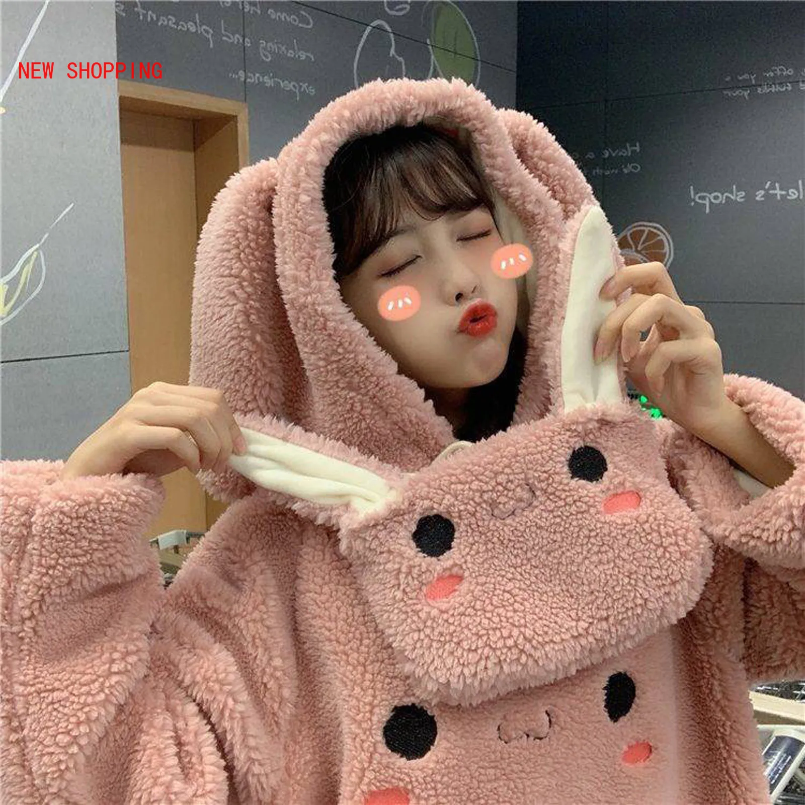 

Teddy Jacket 2023 Autumn Women Cute Kawaii Hoodie Rabbit Hooded Solid Casual Thin Lambswool Jacket with Bag Coat Girl White Pink