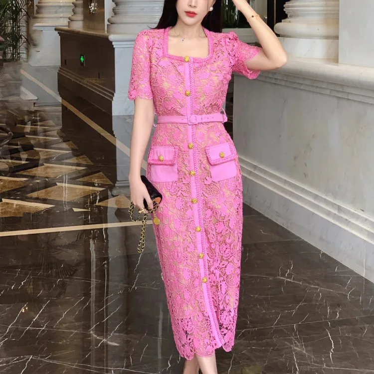 

Винтажное элегантное женское розовое кружевное платье с вырезами, женское летнее облегающее платье с коротким рукавом и золотыми пуговицами, халат 2023