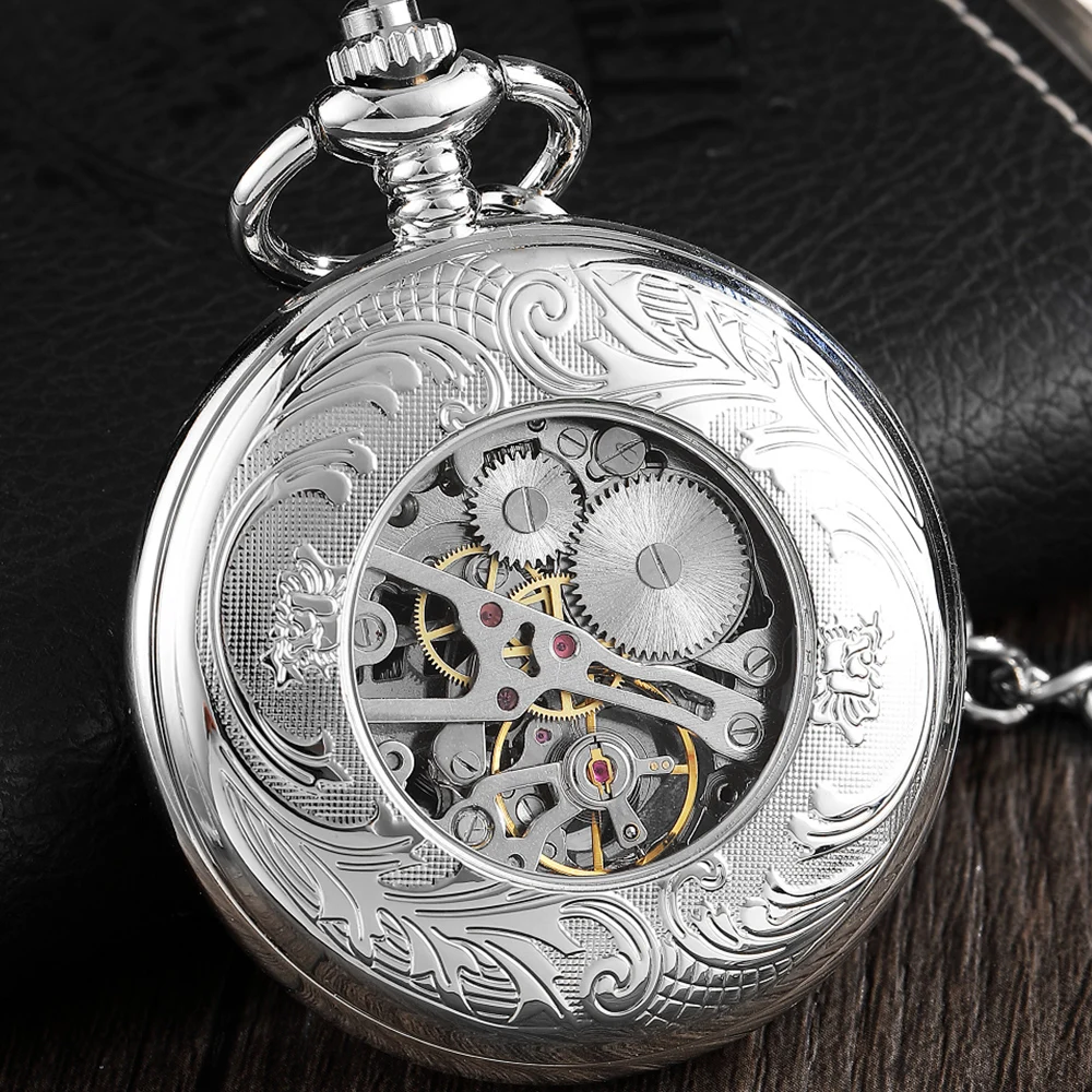 Silver Mechanical Pocket Watch Men Luxury Gear Skeleton Clock Steampunk Hand Wind Antique Pendant Roman Dial Women reloj hombre