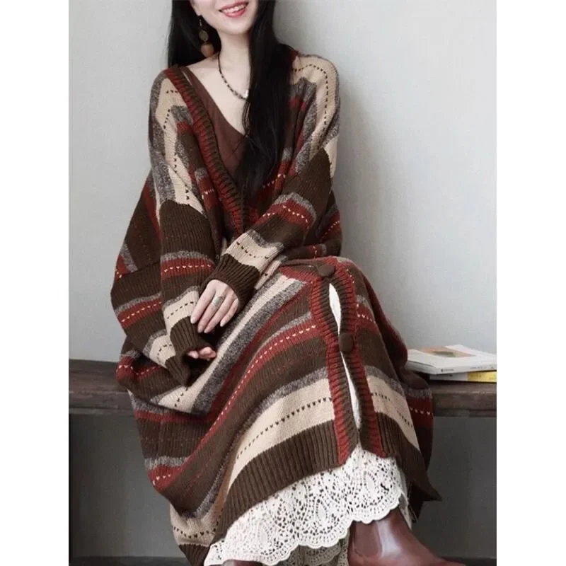 Женский вязаный жакет средней длины Свободный кардиган в японском стиле ретро