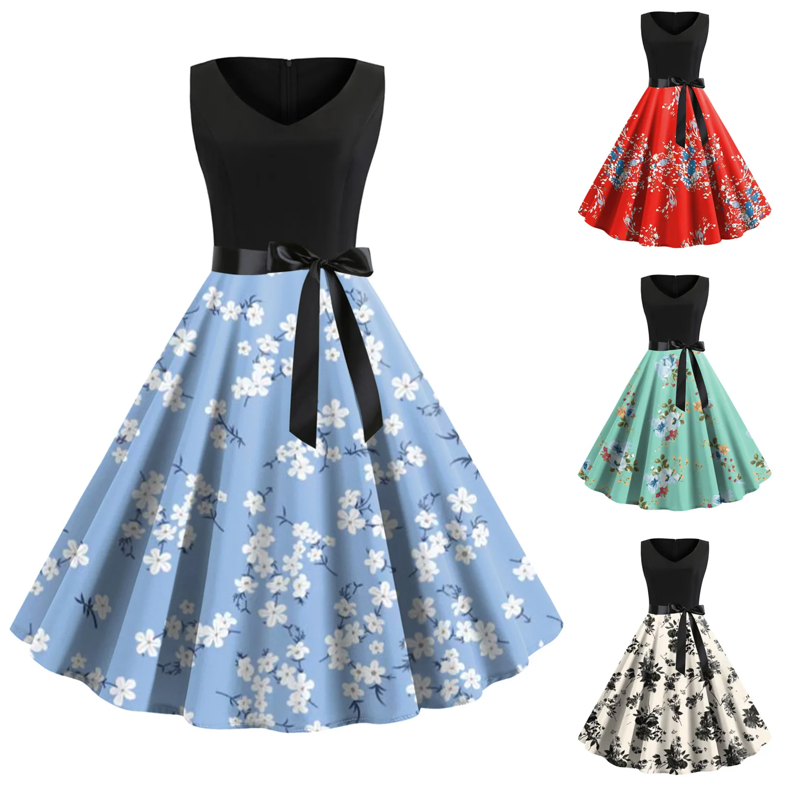 

Women Retro Summer Dresses 2023 Robe Vintage Pinup 50s 60s Rockabilly Sexy V-Neck Print Party Dress Swing Sleeveless Vestidos