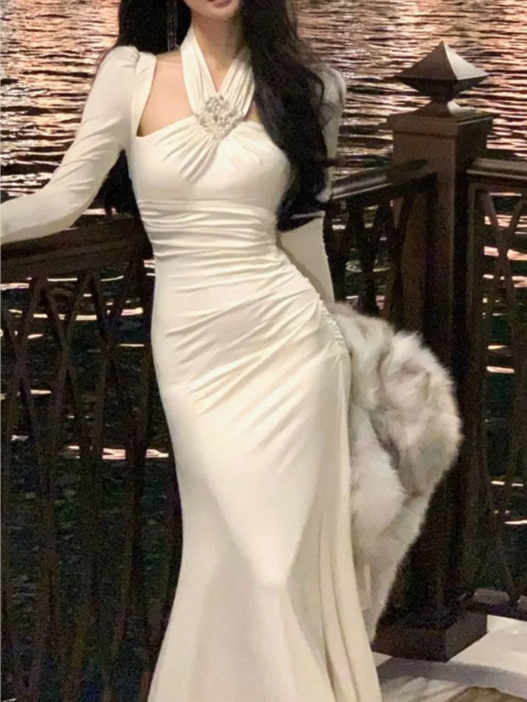 Элегантное платье миди с лямкой на шее женские Облегающие юбки-годе вышивкой