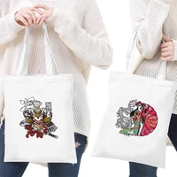 shopping bags women canvas shoulder bag reusable ladies samurai pattern handbags casual tote grocery storage bag for girls