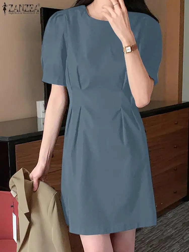 

Элегантное летнее женское платье ZANZEA с круглым вырезом и коротким рукавом, модный однотонный женский сарафан длиной до колена, кафтан, халат, офисное платье 2023