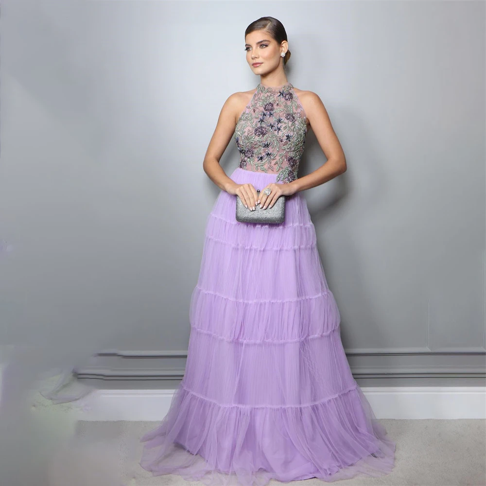 

A Line Halter Lavender Prom Dress Appliques Lace Celebrity Dress Women's Evening Dress Net Lilac Embroidery Formal Gown 프롬 드레스