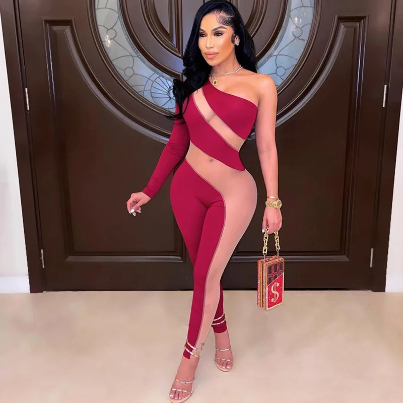 

2022 autumn women's new sexy one-shoulder contrast color mesh stitching high waist tight-fitting casual jumpsuit women rompers