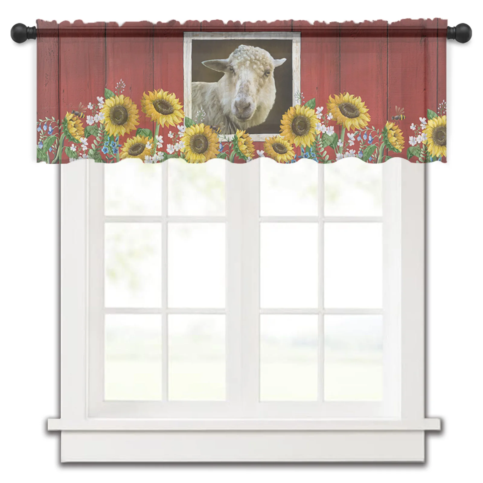 

Sheep Sunflower Farm Barn Kitchen Small Window Curtain Tulle Sheer Short Curtain Bedroom Living Room Home Decor Voile Drapes