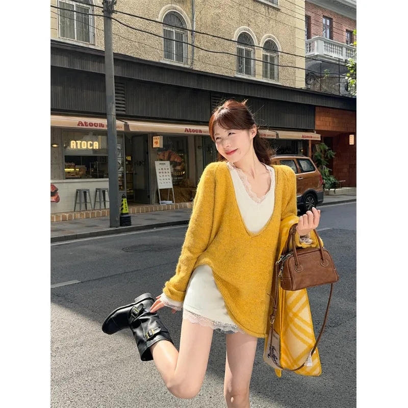 Ранняя осень новый французский свитер в стиле ретро ленивый светр ярких цветов с