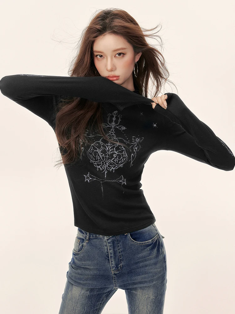 Eptison Knitted Bottoming Shirt 2024 Autumn New Retro Gyaru Sle Three-Dimensional Waist Hugging Short Top Women