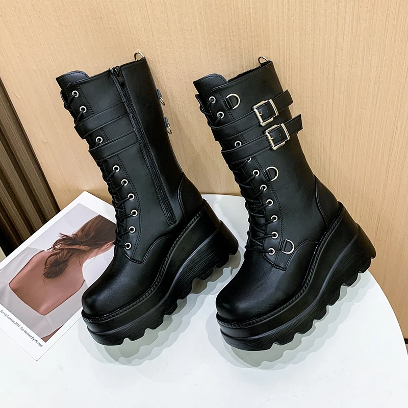 2023 New Fashion Platform Wedges Motorcycle Boots For Women Bucklel Strap Knee High Boots Popular Shoes Woman Goth Gothic 43