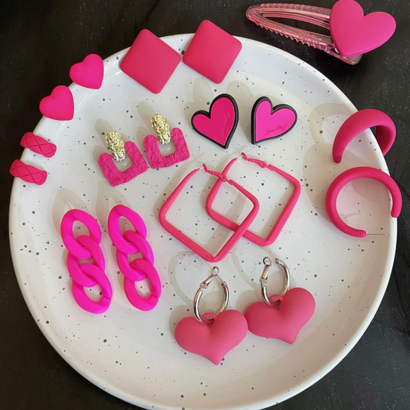 

Korean Fashion Candy Color Square Hoop Earrings New Fluorescent Rose Red Earless Ear Clip Heart-shaped C-shaped Women's Earrings