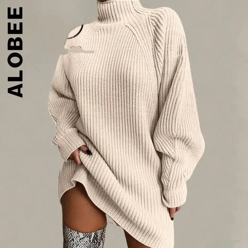 

Женский свитер Alobee, Новые Вязаные универсальные платья с высоким воротом, эластичные повседневные наряды, пуловер, винтажный Халат