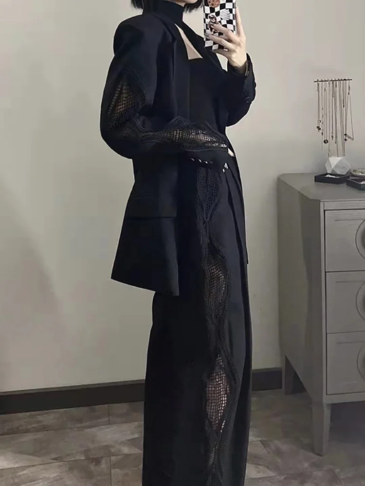 

Модный женский комплект из 2 предметов, открытый кружевной комбинированный костюм с длинным рукавом, топ с высокой талией и черные брюки, лето 2023, новинка O475