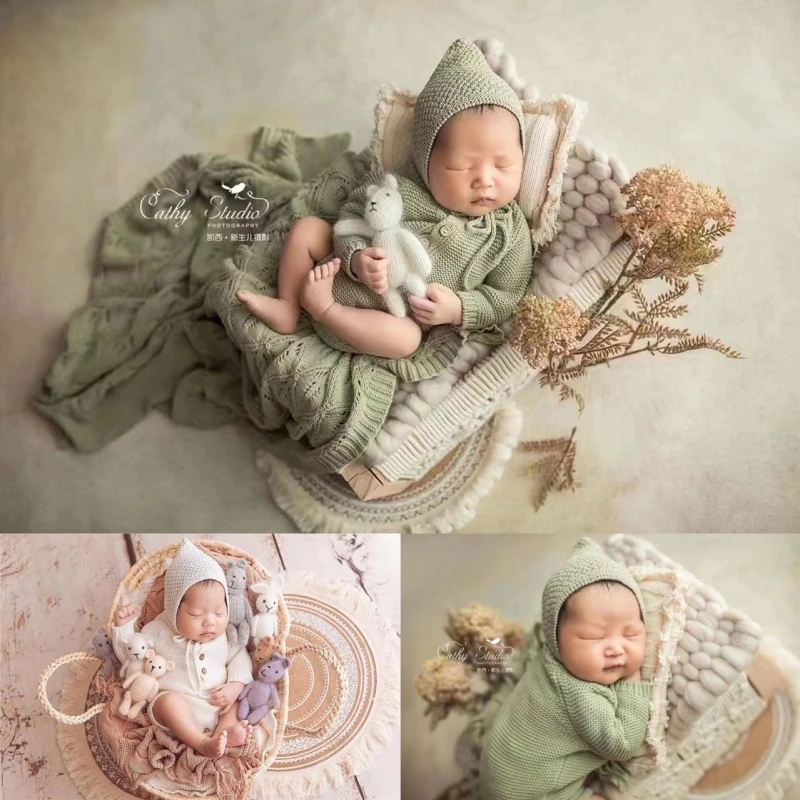 Dvotinst Newborn Photography Props Vintage Knitted Outfit Hat Wrap Blanket Set Fotografia Accessories Studio Shoots Photo Props
