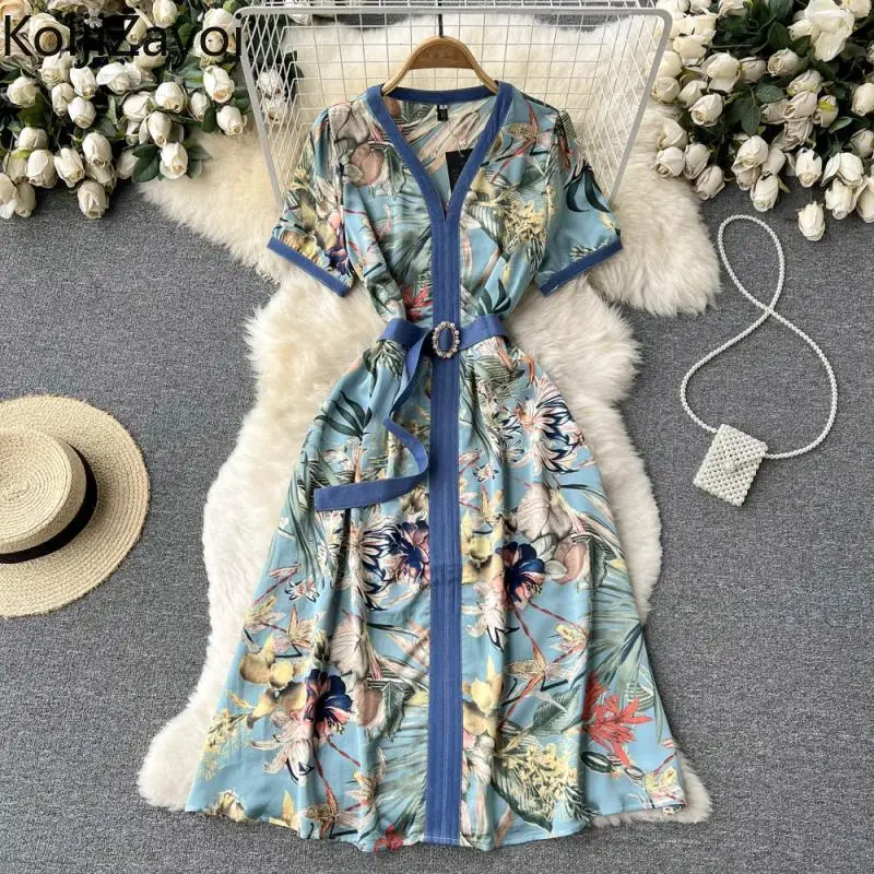 

Koijizayoi Fashion Women Foral Print Holiday Beach Dress Short Sleeves V Neck Belted Swing A Line Dresses Summer Chic Plus Size