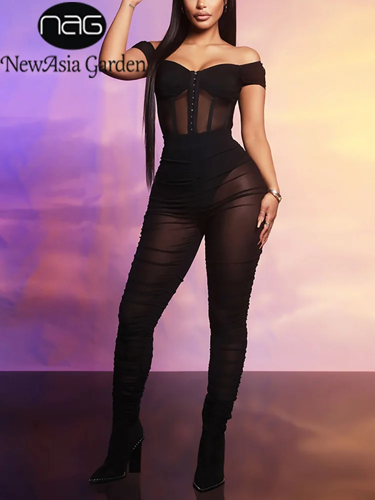 

Комплект из двух предметов в сеточку «невасия», прозрачный боди с открытыми плечами и рюшами, топ, облегающие штаны, сексуальные наряды, жен...