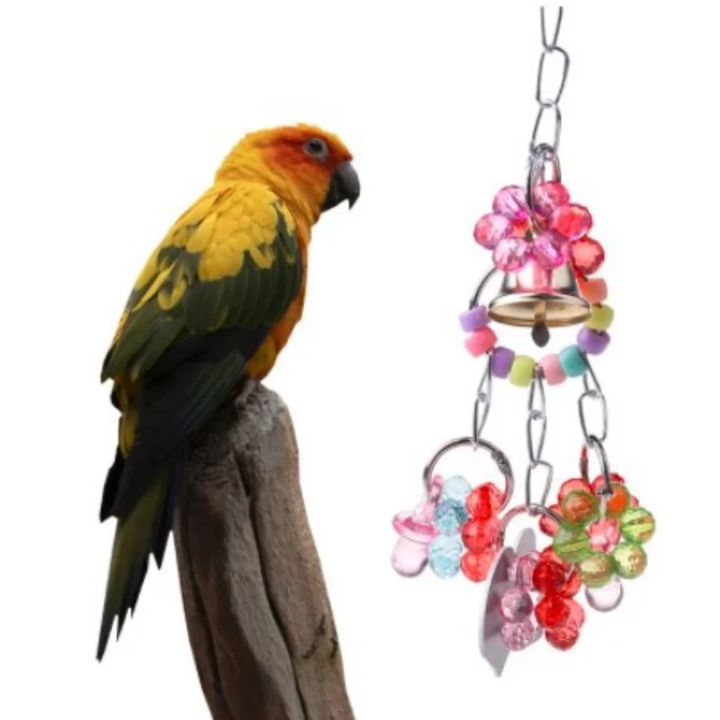 

Pet Parrot Cage Toys Hanging Bird Chew Toys Acrylic Mirror String Toy Mirror with Bell for Parakeet