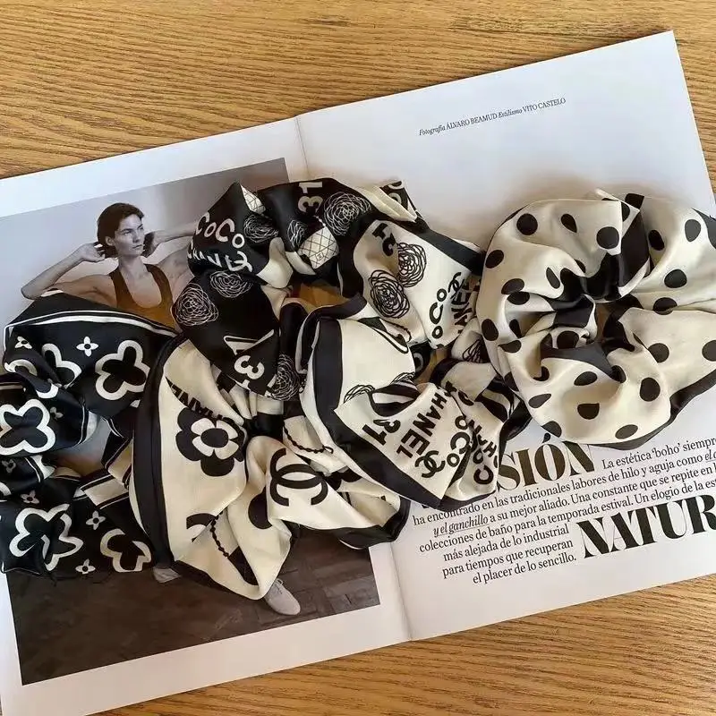 

Satin Elastic Hair Scrunchies Black Casual Hair Bands For Women Girls Fashion Printing Flower Round dot Hair Accessories Famale