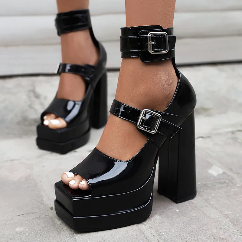 

ENMAYER Size Double Deck Platform Double Row Metal Belt Buckle Peep Toe Sandals Show Super High Thick Heel Hollow Sexy Sandals