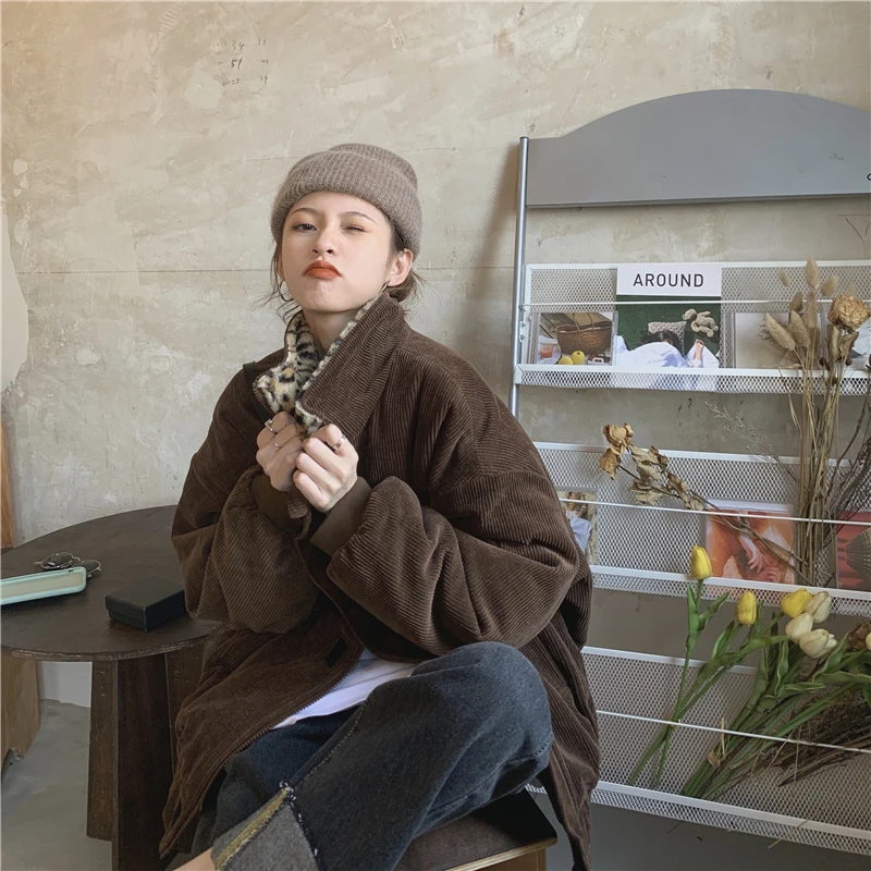 2022 New Autumn and Winter Leopard Print Patchwork Ladies Jacket Corduroy Warmth Thick Loose Casual Jacket Women Elegant Top