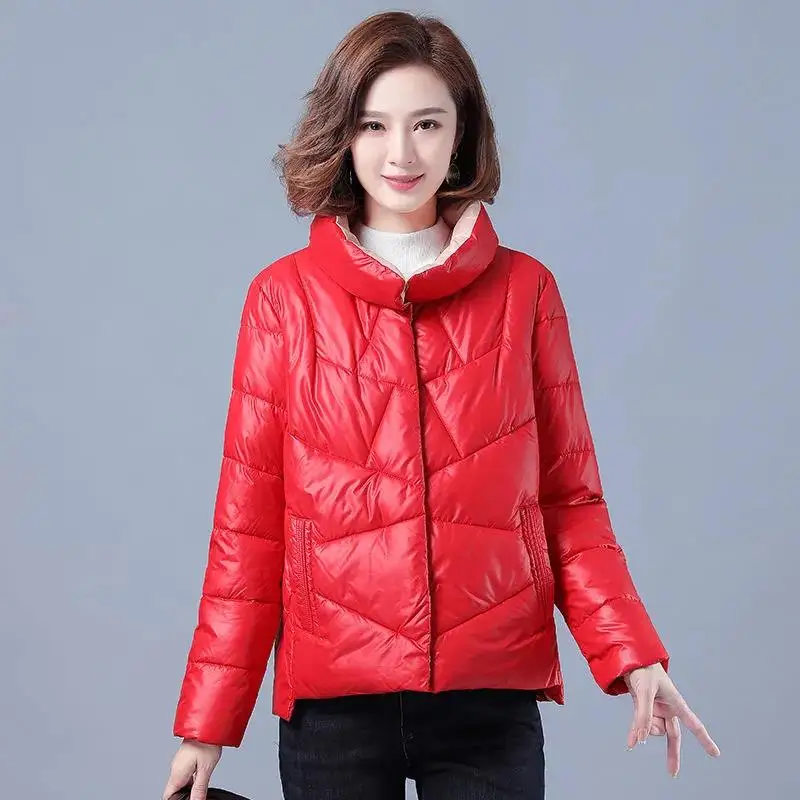 2023 Autumn Winter Bright Face Padded Jackets Women Short Coat Loose Stand-Up Collar Fashion New Black Down Cotton Jacket Female