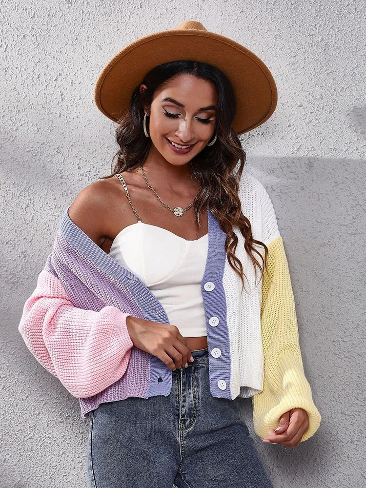 

Patchwork Color Print Knitted Women Cardigans Vintage Long Sleeve Y2K V Neck Sweater Female Slim Fit Casual Fashion Tops