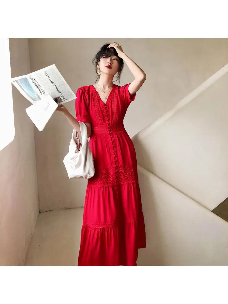 

2023 Summer Elegant Travel Fashion Holiday Beach Style V-Neck Embroidery Hollow Out Single Breasted Long Maxi Women Dress