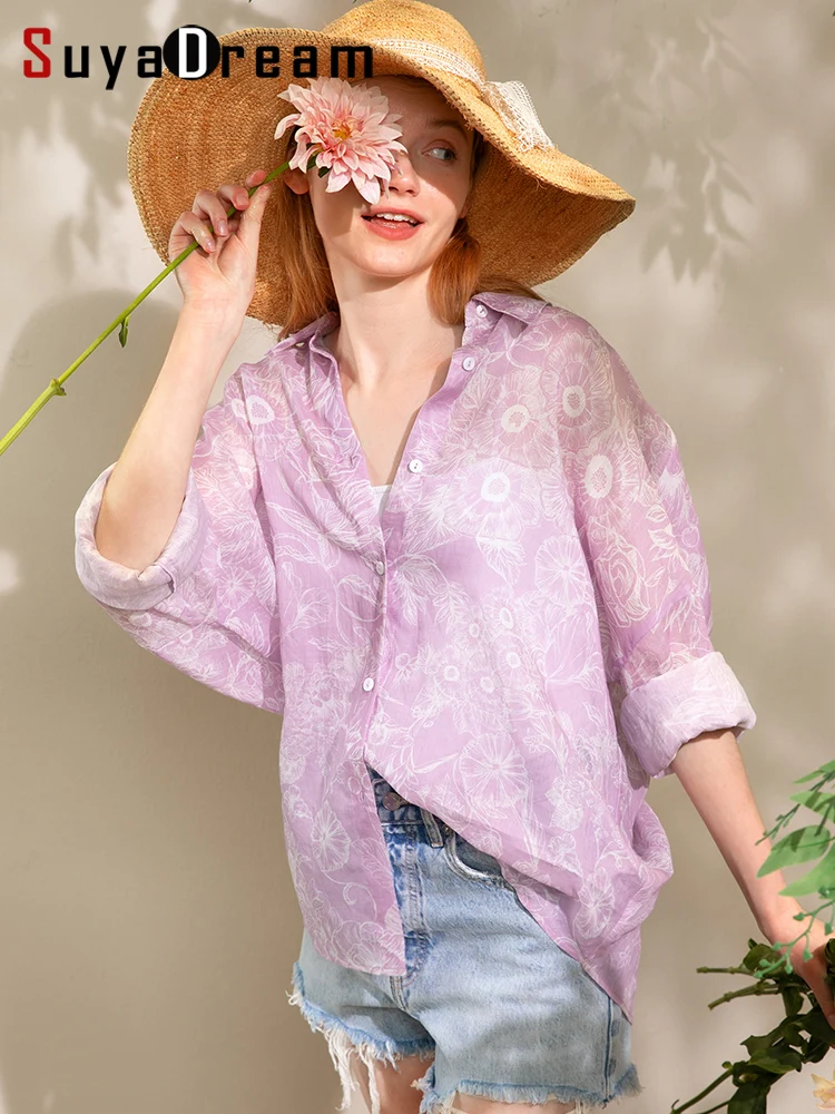 SuyaDream Women Floral Shirts 100%Ramie Single Breasted Loose Chic Blouses 2023 Spring Summer Cozy Top Lavender