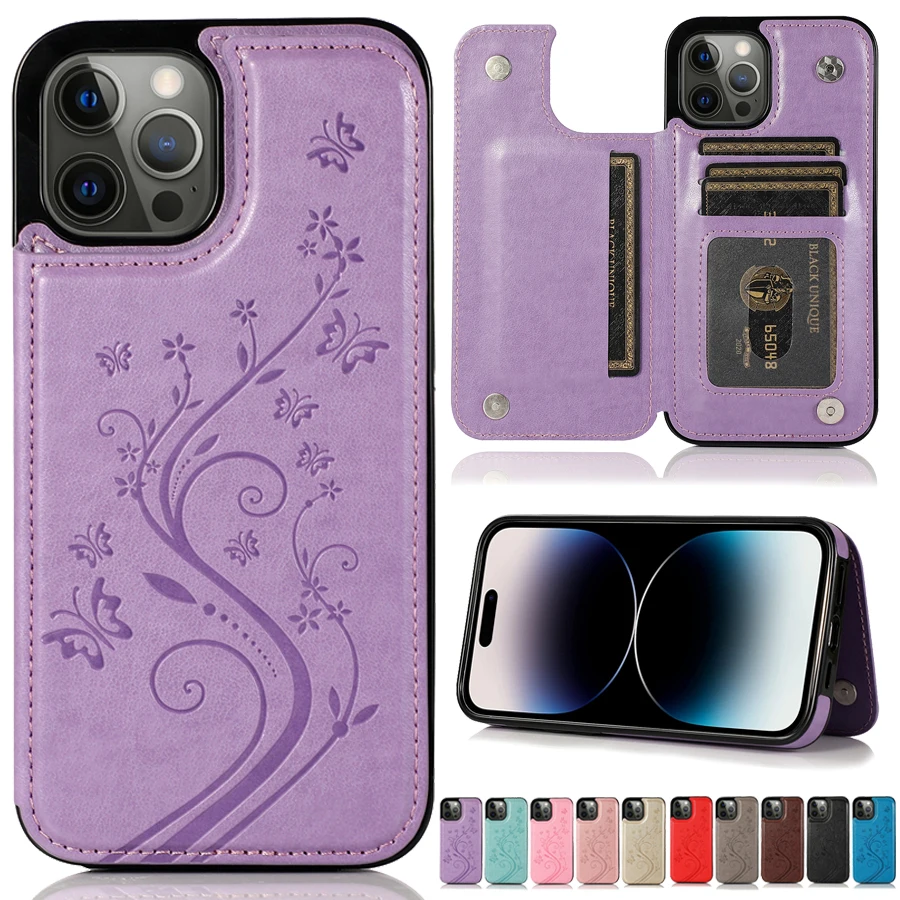 Butterfly Fall Protection Leather Wallet Case For iPhone 14 Pro Max 13 Pro Max 12 Pro Max 11 Pro Max X XR XS 8 7 6 6S Plus 5 5S