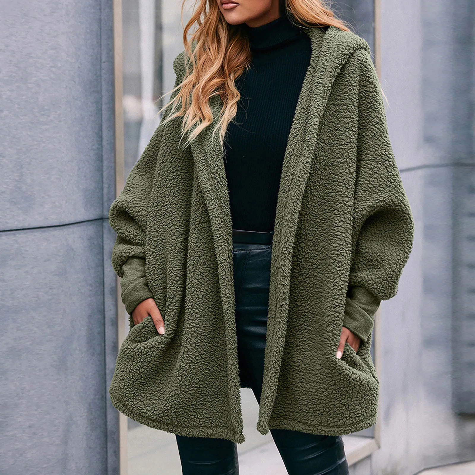 

Fleece Hoodie Thickened Warm Women Coat Women's Long Loose Plush Coats Winter Zipper Reversible Plush Jackets With Pockets