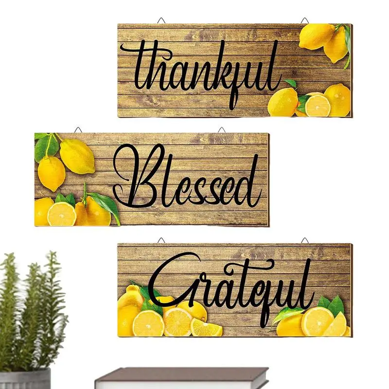 

Lemons Wooden Sign Decor 3 Pieces Lemon Wall Decor Grateful Thankful Blessed Wall Art Signs With Hanging Hooks Lemon Kitchen