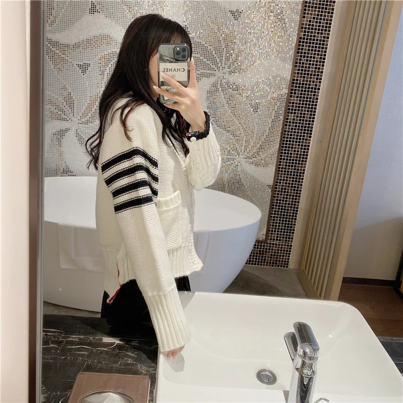 Trendy goods ~ autumn and winter TB asymmetric cardigan V-neck thick wool thick loose sweater four-bar striped sweater women