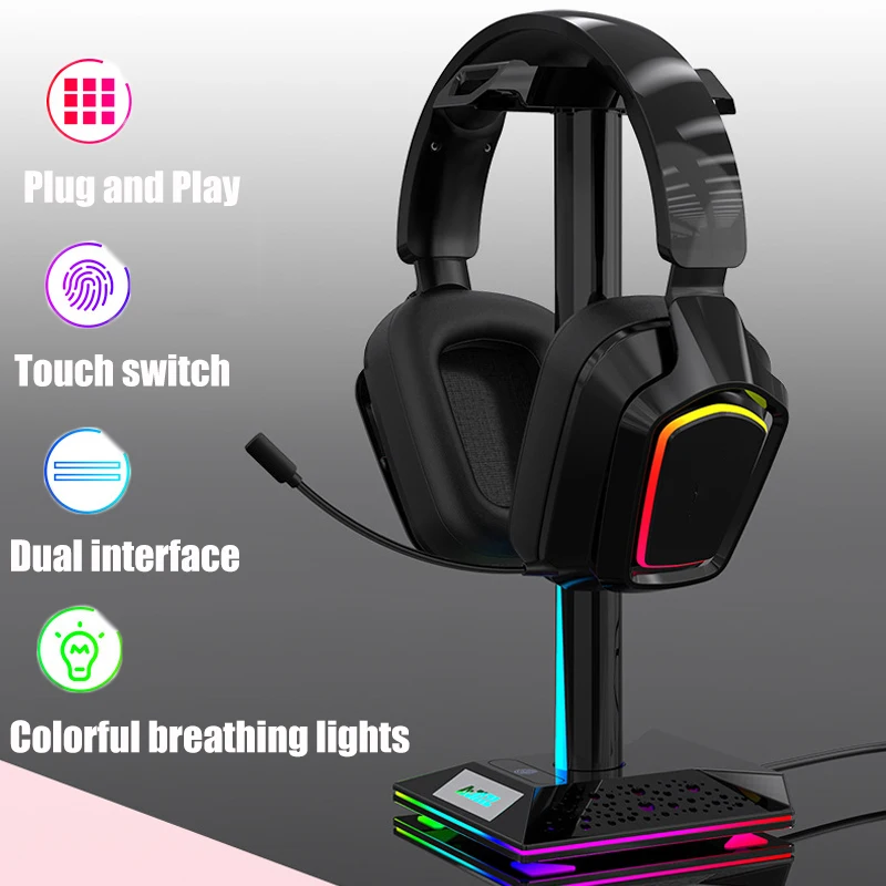 

Игровая Подставка для наушников RGB Универсальная гарнитура держатель кронштейн настольная полка с сенсорным переключателем двойной USB 3,5 м...