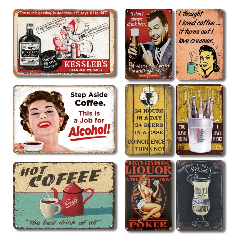 

Nostalgic Whiskey Bar Metal Tin Sign Vintage Hot Coffee Tinplate Poster Personality Coffee Bar Kitchen Decor Plaque Wall Plates