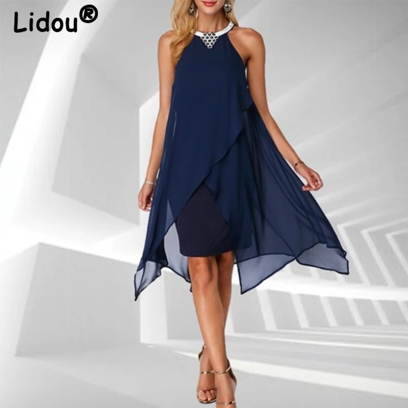 

Summer Sexy Gorgeous Gauze Asymmetrical Sleeveless Dress Off Shoulder Solid Color Chiffon Breathable O-Neck Party Dress Vestido