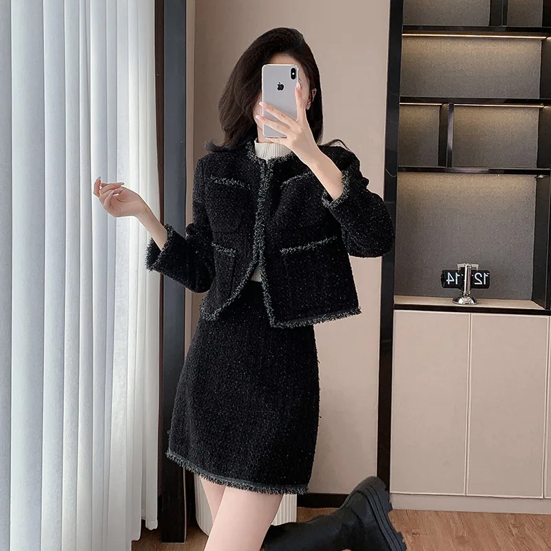 Черный женский комплект из 2 предметов грубого твида куртка + юбка с высокой