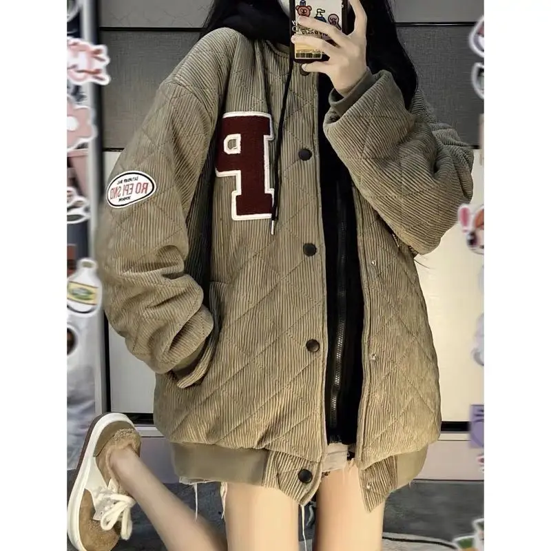 Corduroy Outerwear Jackets Women's Autumn Winter New Vintage Couple Thickened Cotton Dress Hooded Cardigan