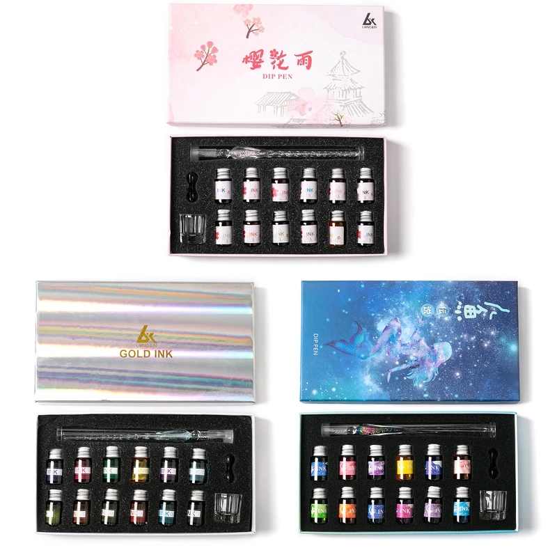 

Gradient Glass Dip Pens with Ink Gift Set with 12 Gold Powder Inks for Present