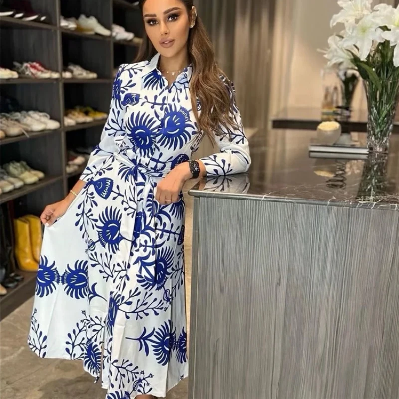 

Printed Blue Long Dresses Women's Shirt for Women Casual Belts Midi Woman Collared Spring Summer Prom Elbise Women Party Jurk