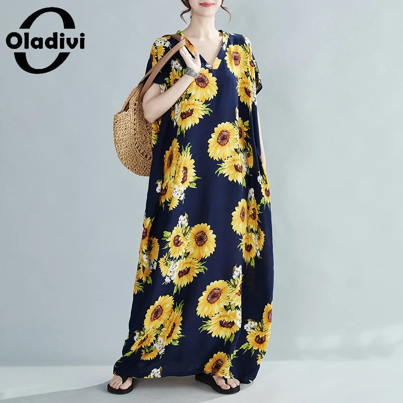 

Oladivi Oversized Women Fashion Print Maxi Long Dress Ladies Summer Holiday Beach Wear Boho Dresses 93591 XL 4XL 5XL 6XL 7XL 8XL