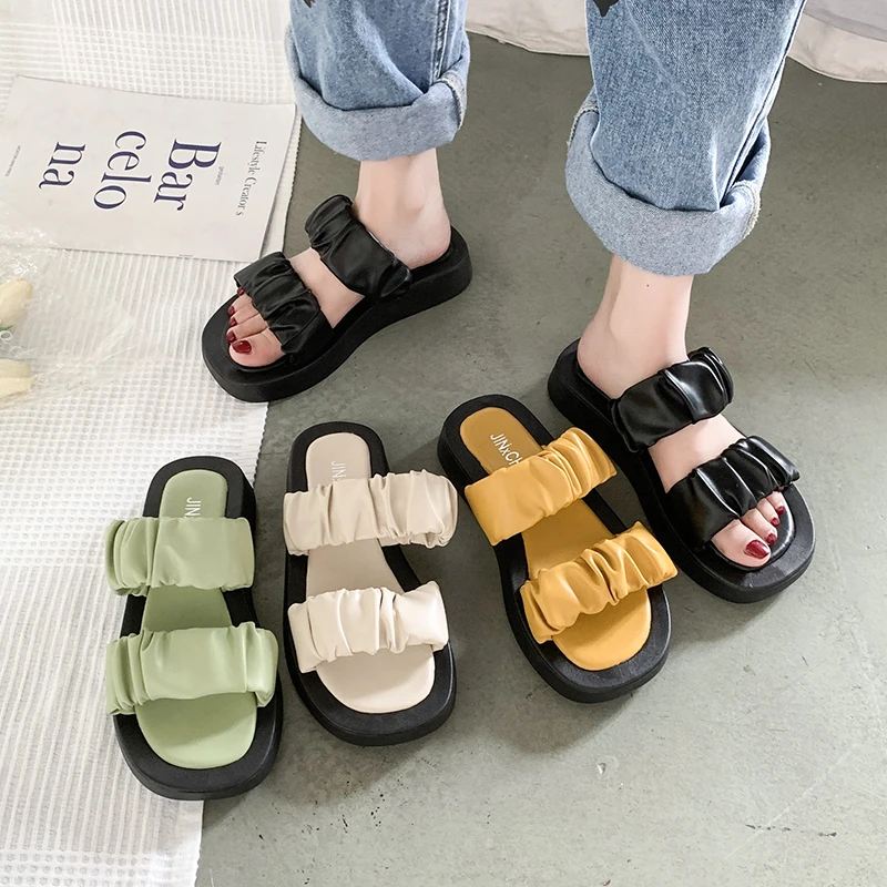 

Female Shoes Slippers Casual Lady Slides Platform Summer Clogs Woman 2022 Luxury Girl Beach Flat Basic Rubber Fabric PU Cotton