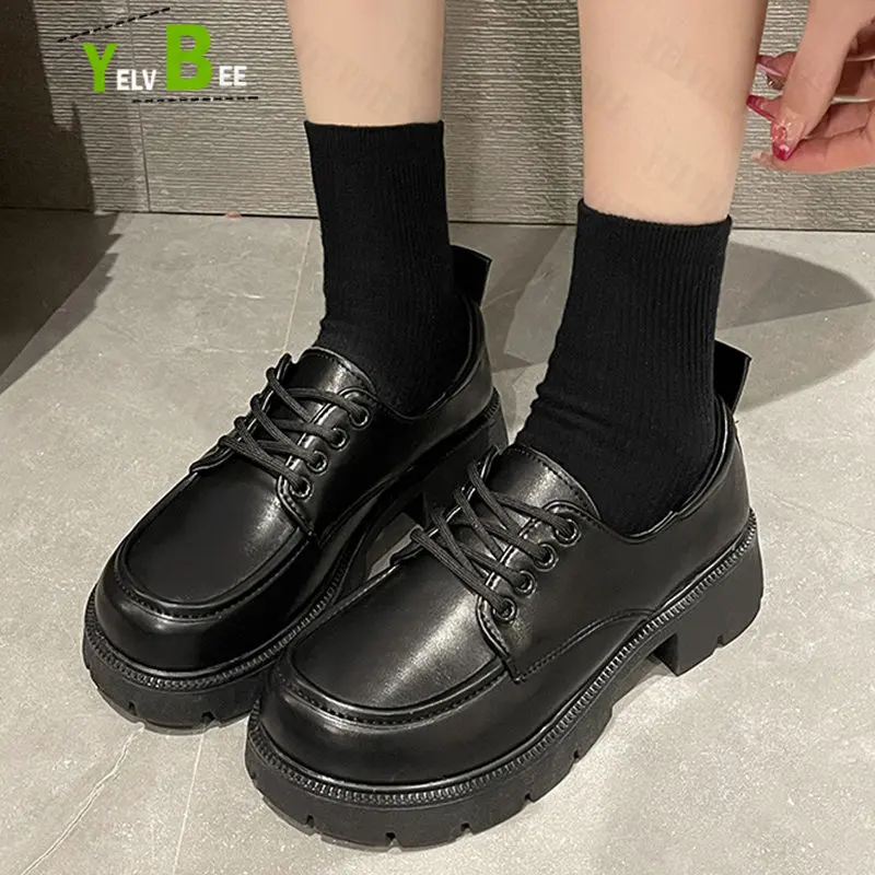 

New Fashion Cross Tied Platform Women Shoes Spring Mid Heels Chunky Casual Girls Student Uniform Comfortable Mujer Zapatos 2023