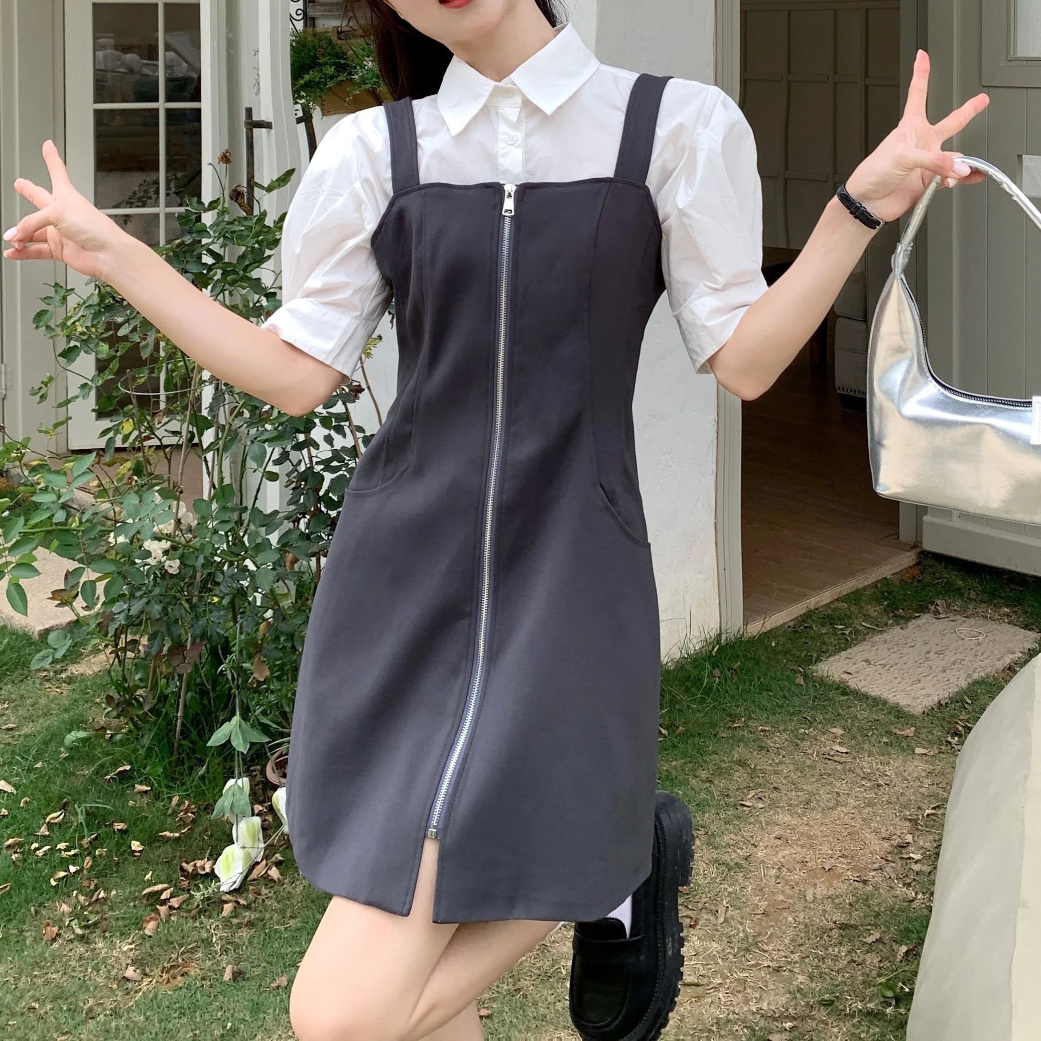 

Elegant Women Suspender Dress Suit Turn Down Collar Half Puff Sleeve White Blouses+Solid Zipper Up Slim Vestido 2Pcs Lady OL Set