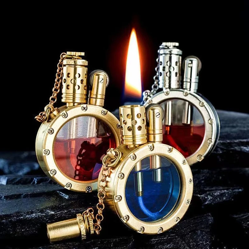 

Retro Handmade Pure Copper Kerosene Lighter Transparent Visible Oil Tank Round Collection Antique Men's High-end Smoking Gift